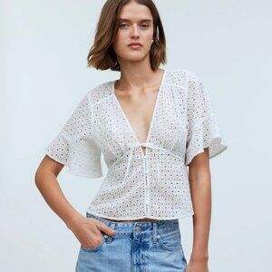 Madewell Tie-Front Top in Eyelet Blouse — White — Size Medium